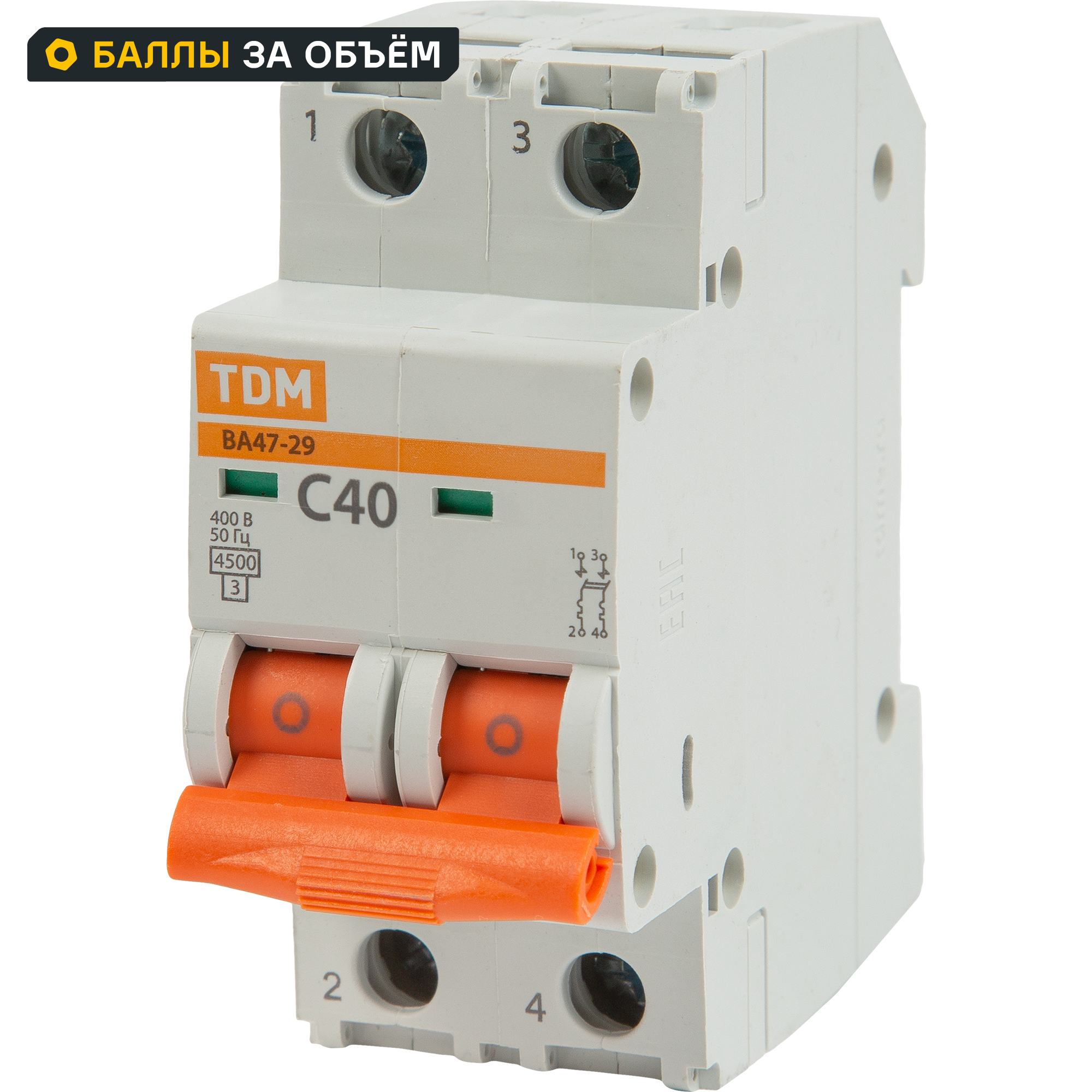 Автоматический выключатель TDM Electric ВА47-29 2P C40 А 4.5 кА SQ0206-0097